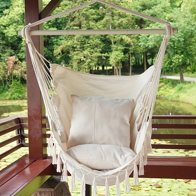 1pcs tassel foldable single iron rod hanging chair with storage bag, pillow 2 and accessories. Suitable for outdoor decoration, outdoor hammock hanging chair, courtyard hanging chair, hammock patio furniture