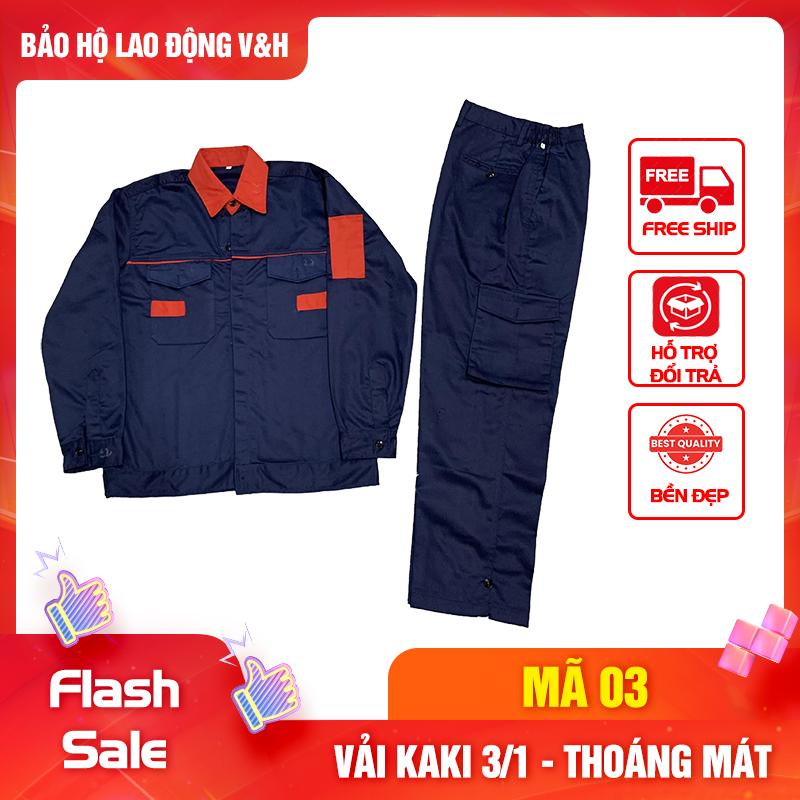 Bộ Quần Áo Bảo Hộ Lao Động Nam Dài Tay Mã 03 - Có Cổ Sơ Mi, Quần Túi Hộp, Vải Kaki 3/1 Dày Dặn, Bền Bỉ, Thoáng Mát, Chống Nắng Nóng Tốt