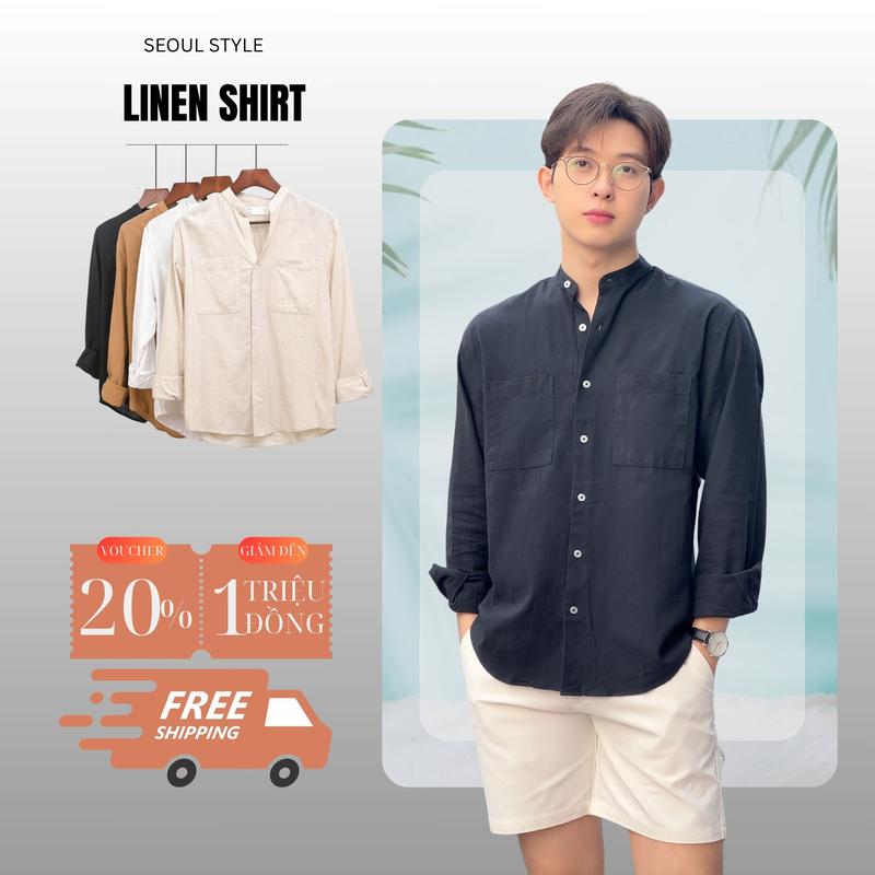 Áo sơ mi nam cổ trụ tay dài 2 túi SEOUL vải LINEN mềm mại, phom dáng thoải mái thấm hút tốt