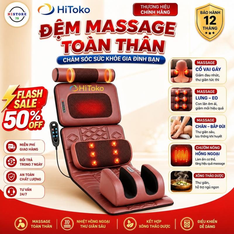 Đệm massage toàn thân đa năng HITOKO-H39 kèm gối thảo mộc thơm, Ghế massage hồng ngoại có kèm massage chân, Nệm massage toàn thân, thảm mát xa cổ, lưng, chân, Máy mát xa đa năng