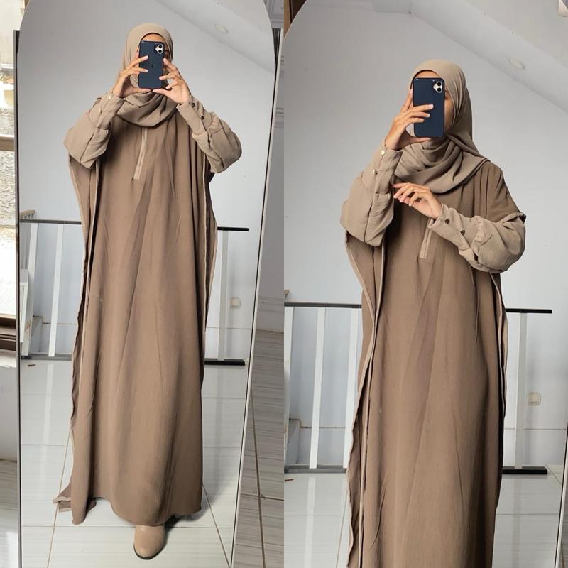 ￼Fathiya Kaftan Setelan Pashmina Cringkel Airflow Terbaru 2024 Gamis Kondangan Oversize Busui Frendly Resleting gamisabaya 5