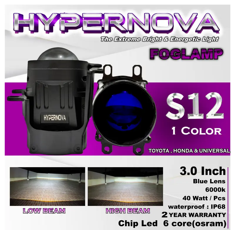 HYPERNOVA - ORIGINAL LAMPU FOGLAMP BILED S12 80 WATT  BLUELENS FOGLAMP 3 WARNA 1 WARNA LAMPU MOBIL KABUT 0