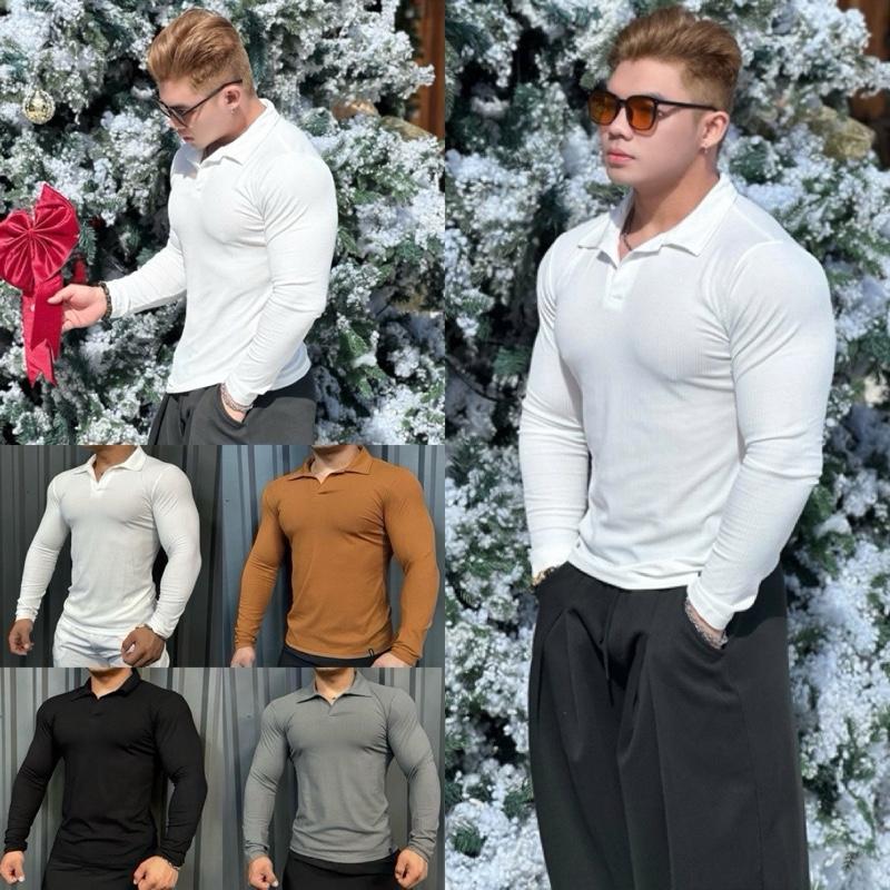  ￼Áo thun tay dài cổ trụ WH,áo giữ nhiệt thun gân body nam,thể thao,thời trang. Sport Tập Gym Shirt 
