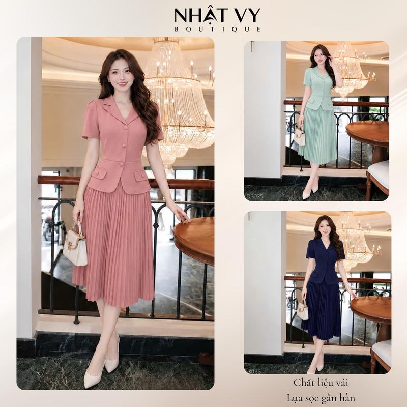 Đầm nữ thiết kế Nhật Vy cổ vest nút bọc phối dập ly chất lụa sọc gân có 3 màu phù hợp công sở dự tiệc thanh lịch sang trọng - D3035