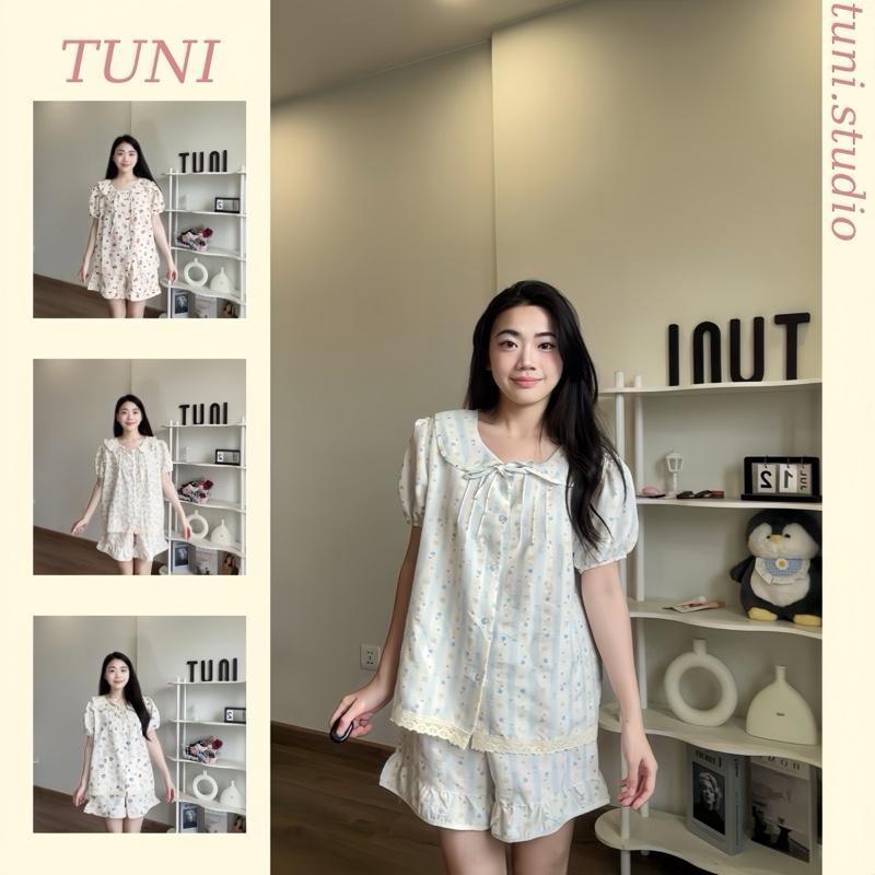 Bộ Ngủ Nữ Tiểu Thư Cổ Sen Ren Vải Đũi Mát Mùa Hè Women Quần Ngủ Áo Ngủ Tuni.studio CSR01