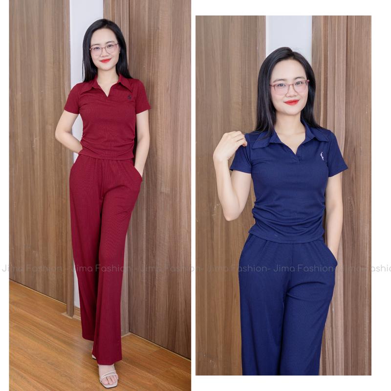 Set Bộ Đồ Thun Cho Nữ Áo Nhún Eo Cổ Bẻ Kèm Quần Suông Dài Mix Ngựa - 144-1 - set đồ nữ đẹp, set bộ nữ mặc đi chơi, set đồ nữ xinh sang chảnh