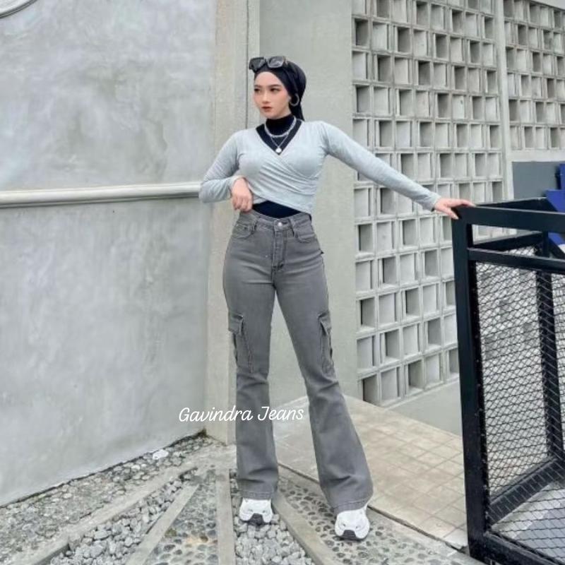 Cutbray Cargo Jeans Wanita Best Seller - Celana Jeans Wanita - Cargo Jeans Highwaist Streetch straight 2