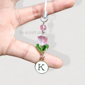 STRAP HP CUTE FLOWER TULIPS PINK DAN INISIAL / STRAP LIONTIN CUTE BEST SELLER / TALI GANTUNGAN HP FLASHDISK