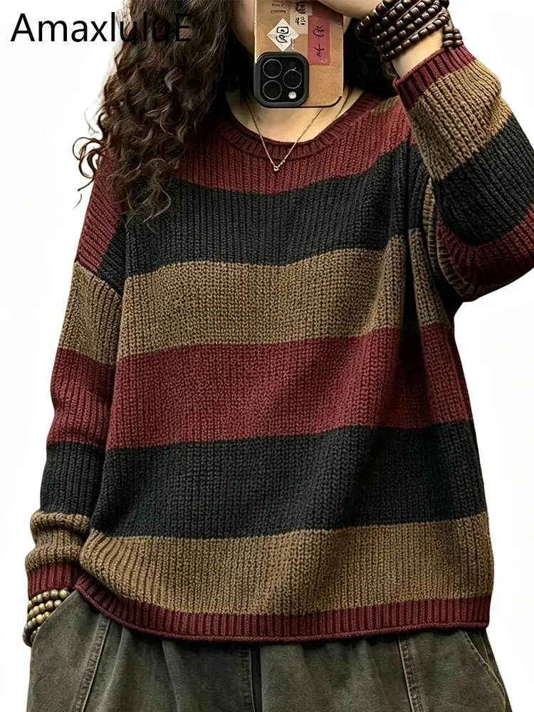 Ama LuluE 2026 Autumn Womens Fashion Loose ed Sweaters Ladies Cas l Vintage O Ne Pullover Classic B Size rm Jumpers