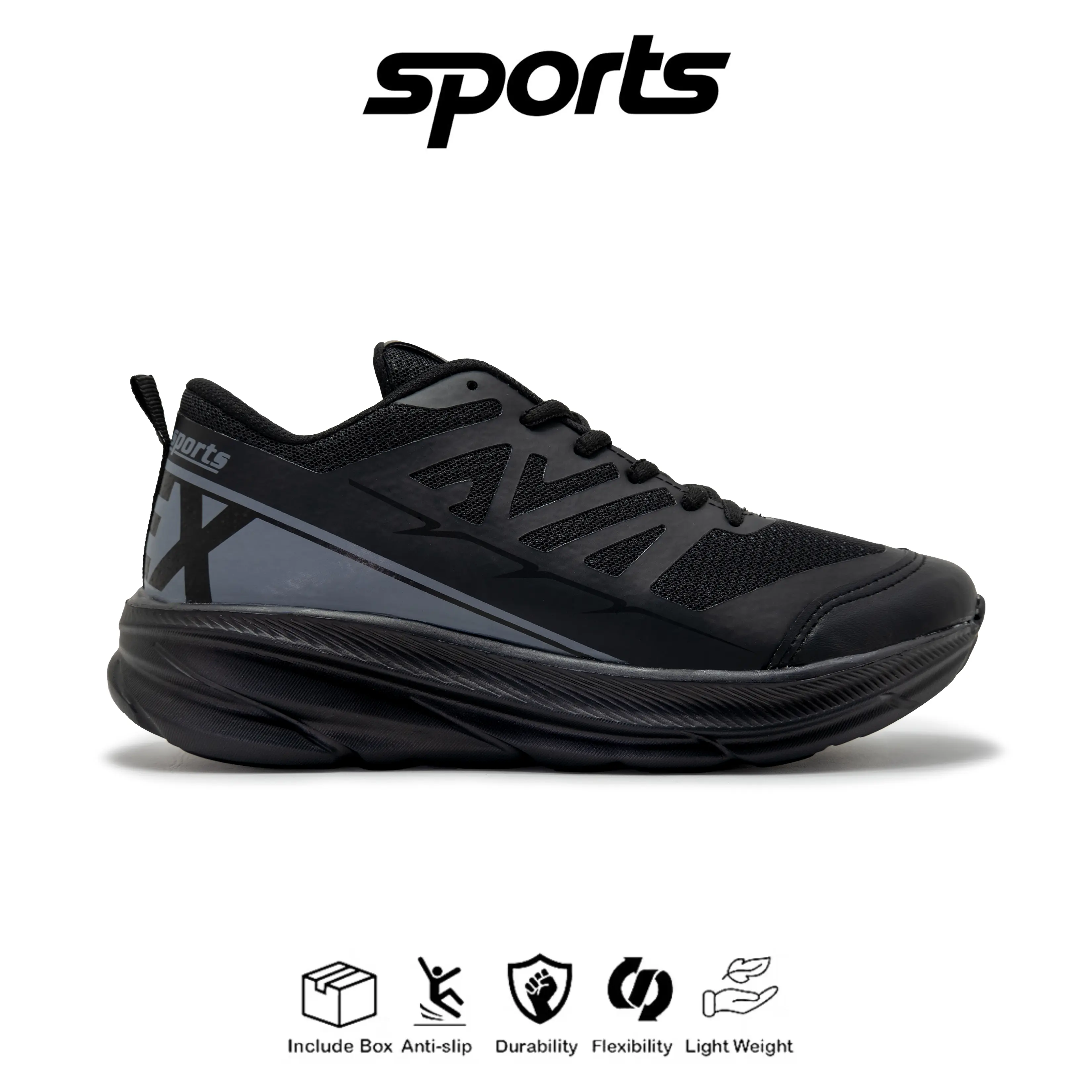 Sepatu Running Sport Sneakers Casual Pria Wanita Olahraga Lari Jogging Outdoor - Black Grey