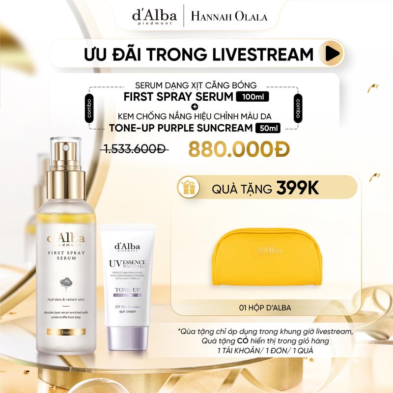 [d'Alba x HannahOlala] [COMBO] Serum dạng xịt [First Spray] d'Alba White Truffle 100ml & Kem chống nắng TÍM d'Alba Waterfull Tone-Up Sun Cream (Purple) 50ml Skincare