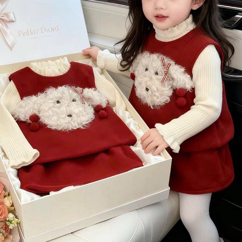 A9- Set váy dạ 3 chi tiết: áo gile dạ gắn chú cún bông áo len tăm cổ bèo kèm chân váy dạ xinh đẹp dành cho bé gái 9-32kg