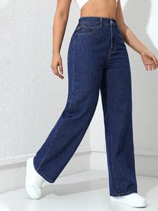 Mezclilla Vaqueros para Mujer Corte Recto Azul Oscuro Cintura Alta Elástica Lavado Claro Algodón Casual Primavera Otoño Unicolor outfit vaqueros mujer con pantalon vaqueras mujer outfit Ropa De Denim