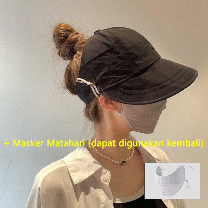Topi Wanita Matahari Lipat Mencocokkan Masker Tabir Surya Topi Pantai Anti Uv Kuncir Kuda 5