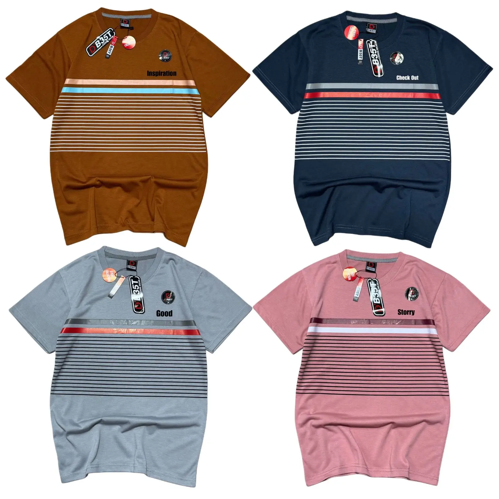 PAKET 4PCS KAOS KOMBINASI STRIP WARNA ACAK BAHAN SEMI KATUN LENGAN PENDEK