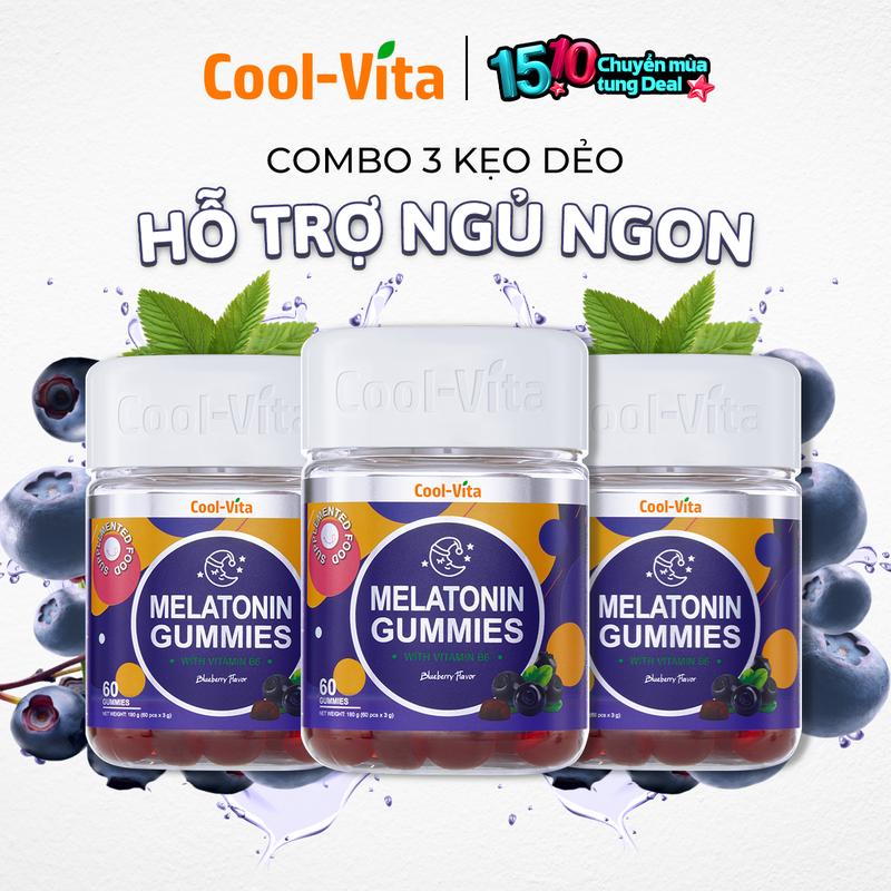 Combo 3 Hộp Kẹo Dẻo Melatonin Hỗ Trợ Giấc Ngủ Ngon Sleep Well Gummies & Hỗ Trợ Giảm Căng Thẳng Vị Việt Quất Kết Hợp Vitamin B6 Coolvita – (60 viên x 3g)/hộp