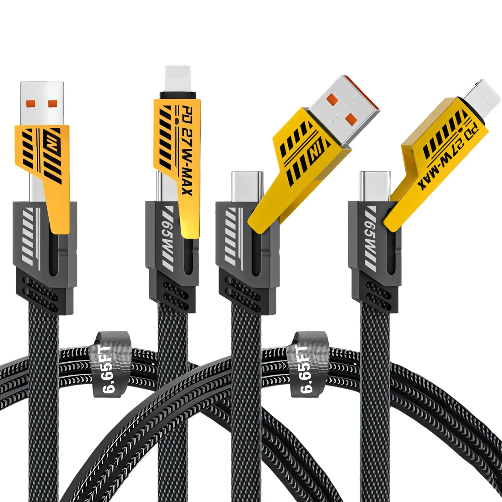4-in-1 USB-C Cable, PD 65W Fast Charging Cable & Data Sync,Flat Braided Charger Cord with Type C/USB A for Laptop iPhone iPad MacBook Samsung ect-5ft (Yellow) Fast Charging
