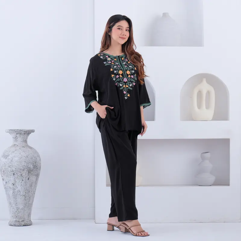 Daster Bordir Oneset Setelan Lengan Panjang Jumbo Busui Friendly Katun Rayon Premium Wanita Lembut Nyaman Piyama Santai Tidur Baju Celana baju  tidur 0
