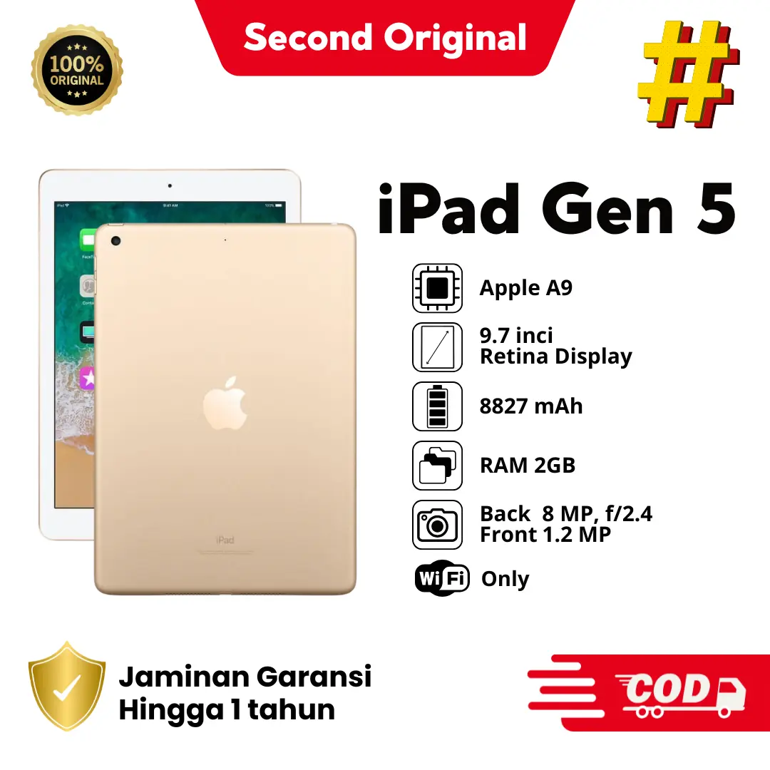 #[SECOND] iPad Gen 5 Apple Original Bekas | Bergaransi | Siap Kirim | Bisa COD | Termurah | Versi Full Update IOS 16 | Kerja | Game | Peforma Tertinggi