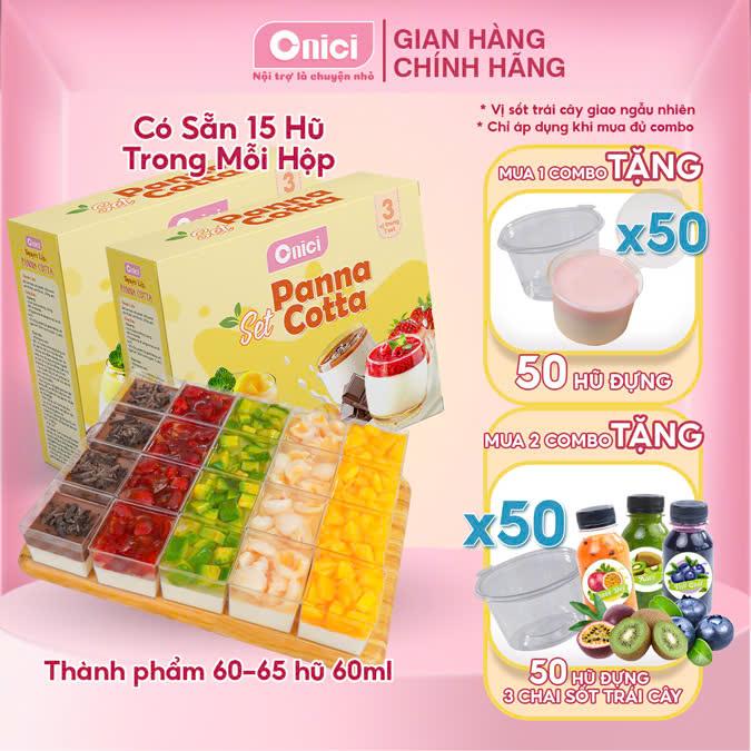 Combo 2 set nguyên liệu làm Panna Cotta tại nhà – thành phẩm 60–65 hũ (60ml) – Bếp Của Mẹ ONICI – 5 vị: dâu, đào, socola, kiwi, chanh dây – tặng kèm công thức