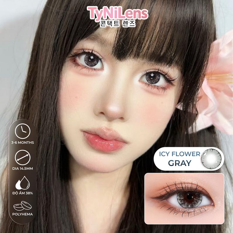 Lens Mắt Xám Tro mắt mèo ICY FLOWER GRAY Giãn Tròng To 14.50mm cận 0-10 độ tặng khay dụng cụ chất liệu HEMA Hàn