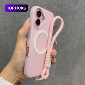 2-in-1マグネットジェリーケース+手首ストラップ、iPhone 17/16/15/14/13/12/11 Pro Max用アンチドロップ携帯カバー、MagSafe対応ワイヤレス充電対応