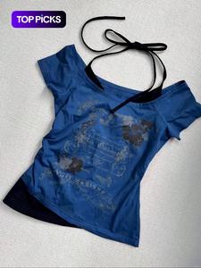 Camiseta Halter 2 en 1 con Estampado Floral y Letras, Top Casual Y2k para Verano, Ropa de Mujer para Uso Diario