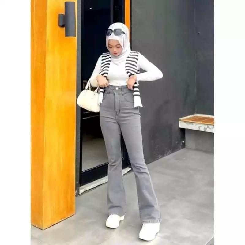 Product Introduction of Celana Jeans Cutbray Abu Highwaist Slimfit Stretch Premium Quality Denim Panjang Wanita Melar manis light grey Korean regular kulot 2