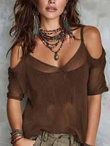 Top de punto tejido a crochet para mujer en color sólido, con tirantes fuera del hombro, moda verano casual, holgado, elegante, sexy y versátil, manga corta — top cubridor de diseñador marrón para vacaciones en la playa