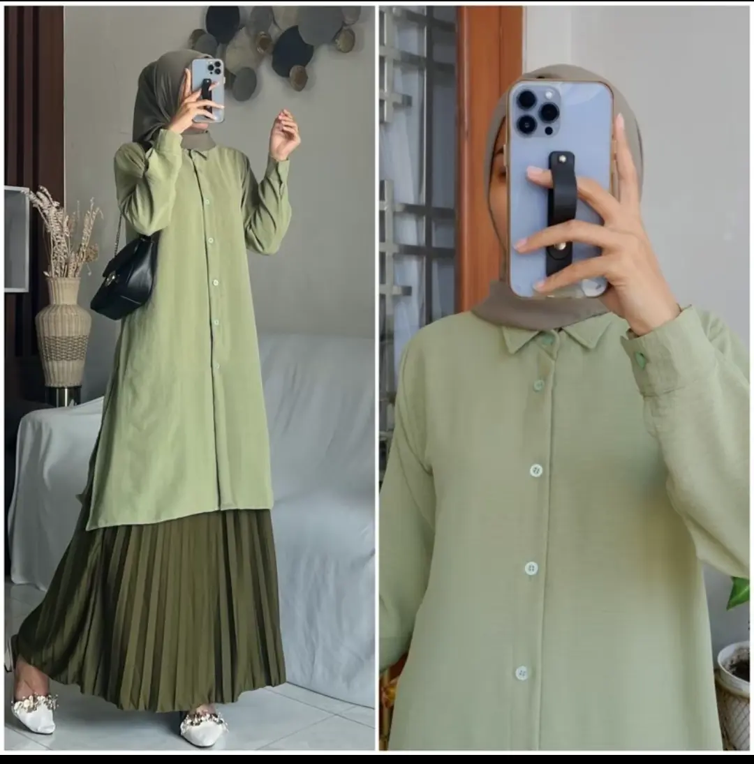 Zalfa Simple Elegan  Crinkle Wanita Kekinian Atasan Muslim Panjang - Airflow Santai Basic Kerah long tunik