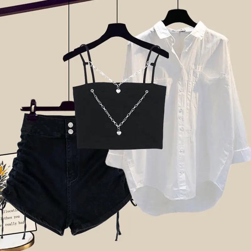 Large women's summer casual shirt jacket small strap drawstring jeans three piece set