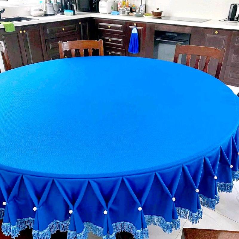 Khăn trải bàn tròn inox 1m20 Thủy Tiên - Thiết kế xếp ly kết hột và ren sang trọng