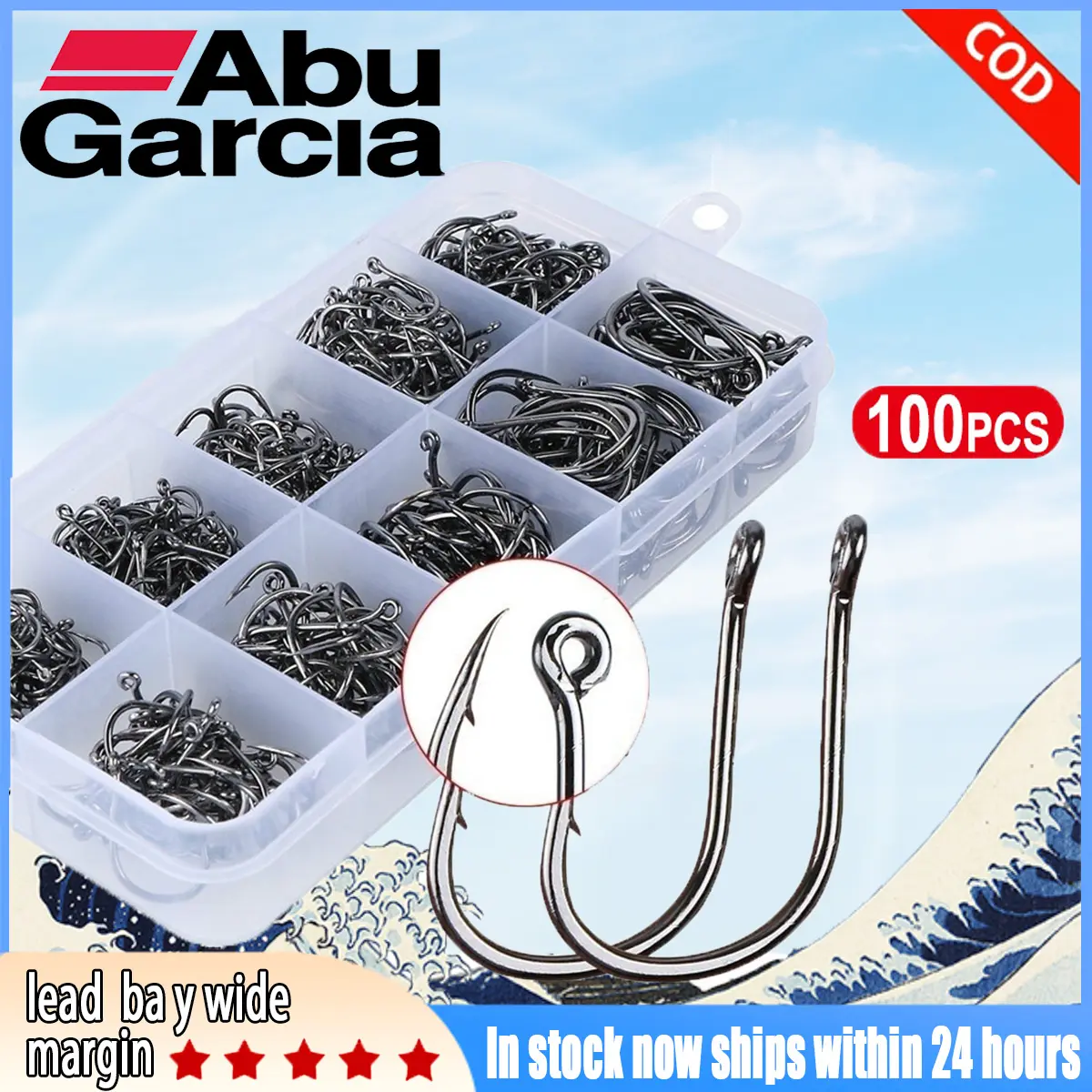 ABU Garcia 100Pcs No. 3-12 Fishing Hooks Set Carbon Steel Single Circle Fishing Hook Fly Fishing Jip Barbed Carp Hooks Sea Tackle Accessories Box Outdoor