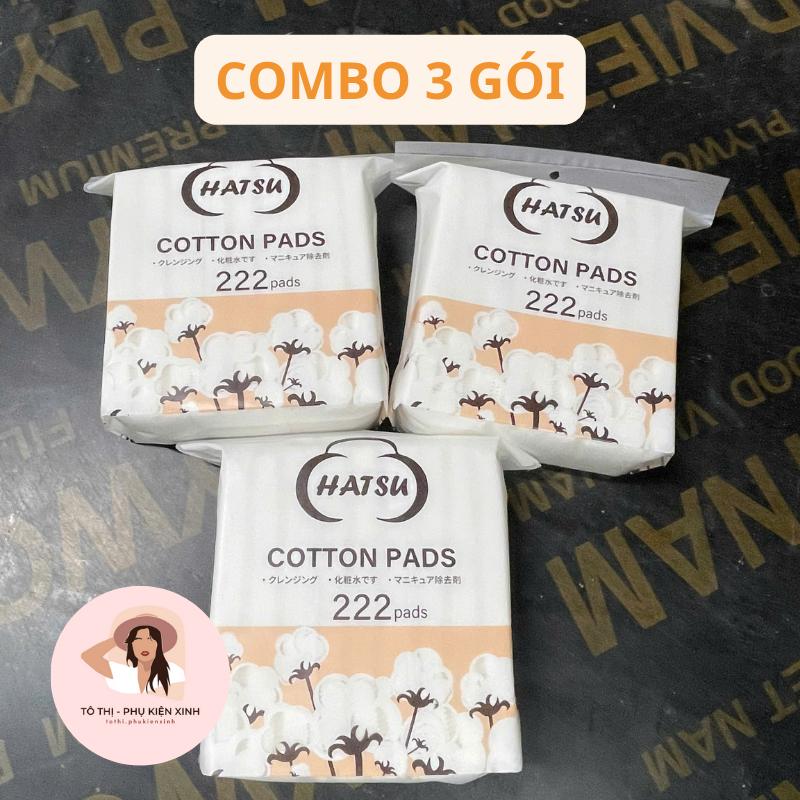 HATSU Combo 3 Gói Bông Tẩy Trang Natural Cotton Pad MẪU MỚI 222 Miếng 100% Bông Tự Nhiên Thấm Hút Nhanh Chóng