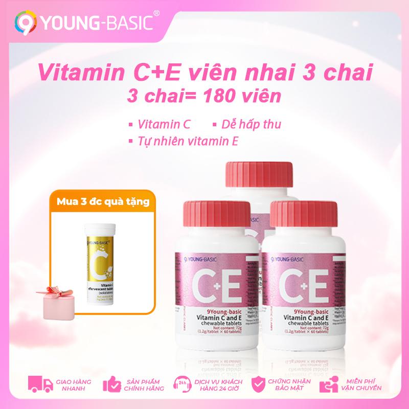 【Mua 3 lọ vitamin C+E viên nhai tặng 1 lọ viên sủi vitamin C 9YOUNG-BASIC MOH chứng nhận vitamin C+E viên nhai 3 chai,tổng cộng 1.2g x 180 viên 1 viên chứa VC 27.8 mg Tự nhiên vitamin E 2.82 mg Bổ sung vitamin C,Tự nhiên vitamin E,vitamin tổng hợp