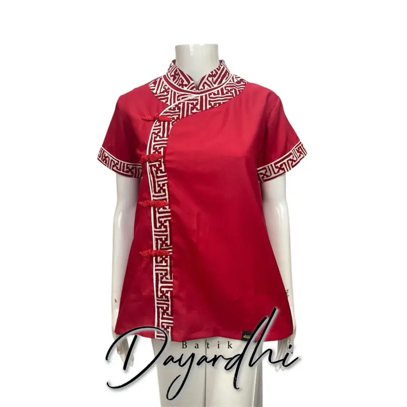 ￼Dayardhi Baju batik merah sanghai batik cheongsam merah polos Wanita Atasan Pendek Katun Dewasa 0
