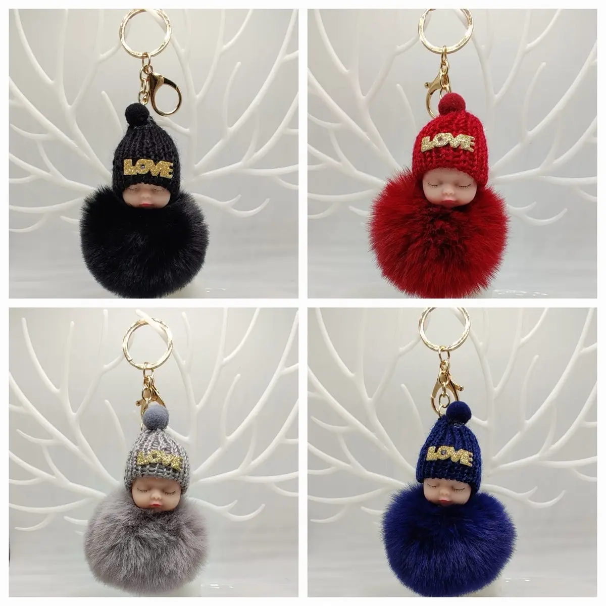 Ganci Gantungan Kunci Bayi Tidur Pom-Pom Rantai Warna Emas Keychain