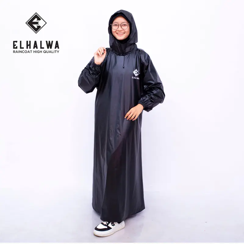 Jas Hujan Gamis Stylish syar'i Hitam Matt PVC Karet Premium Elastis Anti Rembes Kerah Tinggi By El Halwa Raincoat 0