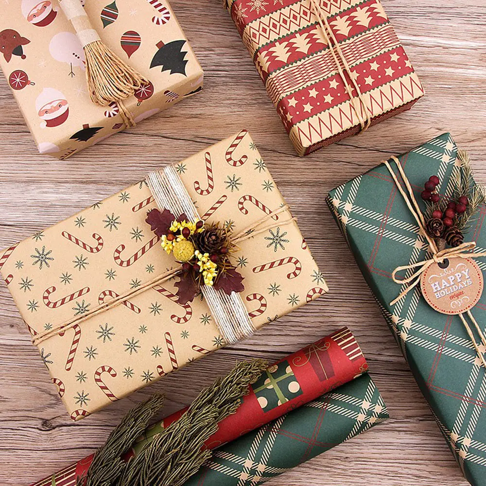 6Pcs Christmas Wrapping Paper Brown Kraft Paper with Red and Green Christmas Pattern