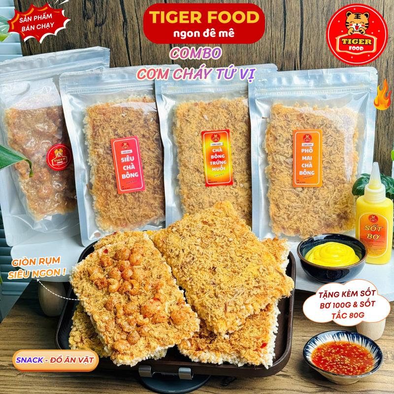  Cơm Cháy Chà Bông TIGER FOOD 04 Vị: Siêu Chà Bông Tóp Mỡ Phô Mai Trứng Muối - COMBO TỨ VỊ Tặng Bơ Và Sốt Tắc Chua Ngọt Giòn Rụm Đậm Vị - Đồ ăn vặt Snack 