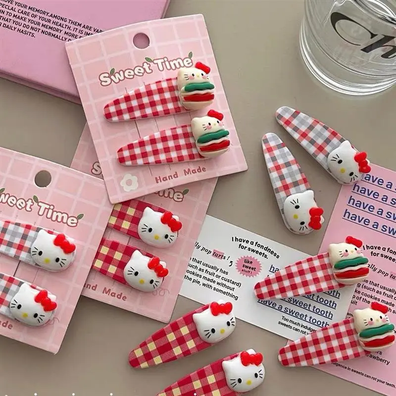 Kẹp Tóc Hello Kitty, Bộ 2 Món Dễ Thương, Thiết Kế Xù Sặc Sỡ, Tóc Mái Bên Kẻ Sọc, Phụ Kiện Tóc Nữ 0