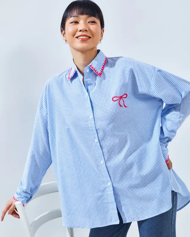 DAC Chara Bow Top | Tartan Shirt Kemeja Kotak Kotak Oversize | Atasan Wanita Lengan Panjang Bordir Pita Pink | Coquette Blouse Jumbo 6