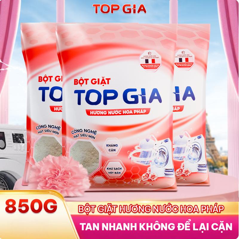[TIẾT KIỆM 119K ] 3 TÚI BỘT GIẶT 850 Gram hương nước hoa Hồng Pháp Topgia bột giặt hạt siêu mịn, kháng cặn và khử mùi,  không để lại cặn ngay cả khi giặt máy kdq