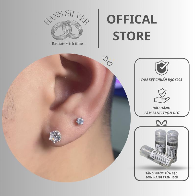Khuyên tai hoa tai nụ nam nữ 6 chấu đá chủ to lấp lánh Hans Silver KTHA120129 bạc S925