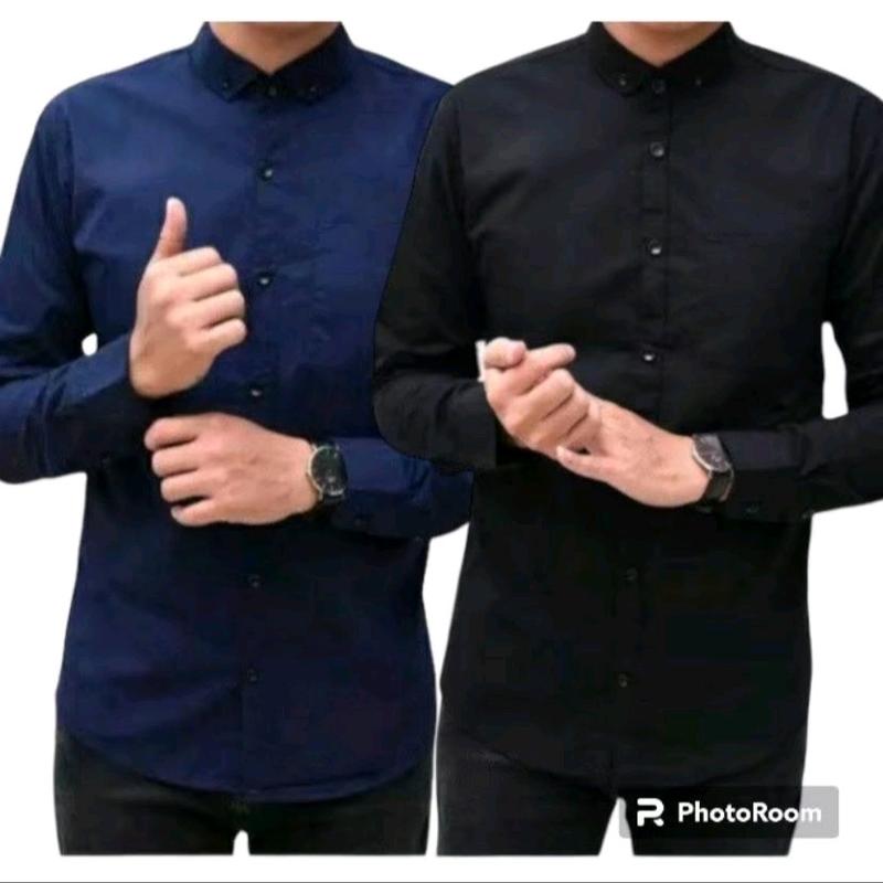 Paket 2 Pcs Kemeja Polos Lengan Panjang Catun Casual Slimfit  Baju Dinas Kantor  Kancing Kerah Simple Standar Putih Navy Nyaman Variasi Santai Pria Kerja Hitam Basic 8