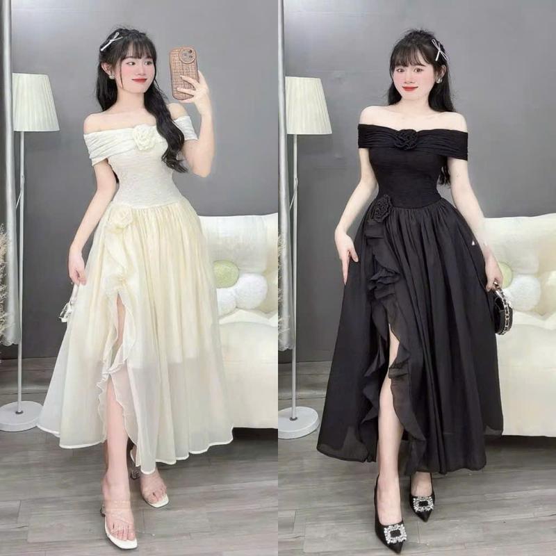 BIGSIZE HIẾU HIẾU 55-95KG - Đầm nữ voan bẹt vai xẻ đùi đính tag hoa dáng dài D530