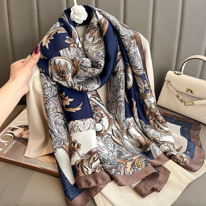 Product Introduction of New 90*180CM Fashion Luxury Lady Print Design Shawl Soft Satin Silk Scarf Shawl Versatile Women Long Silk Scarr vs. 11