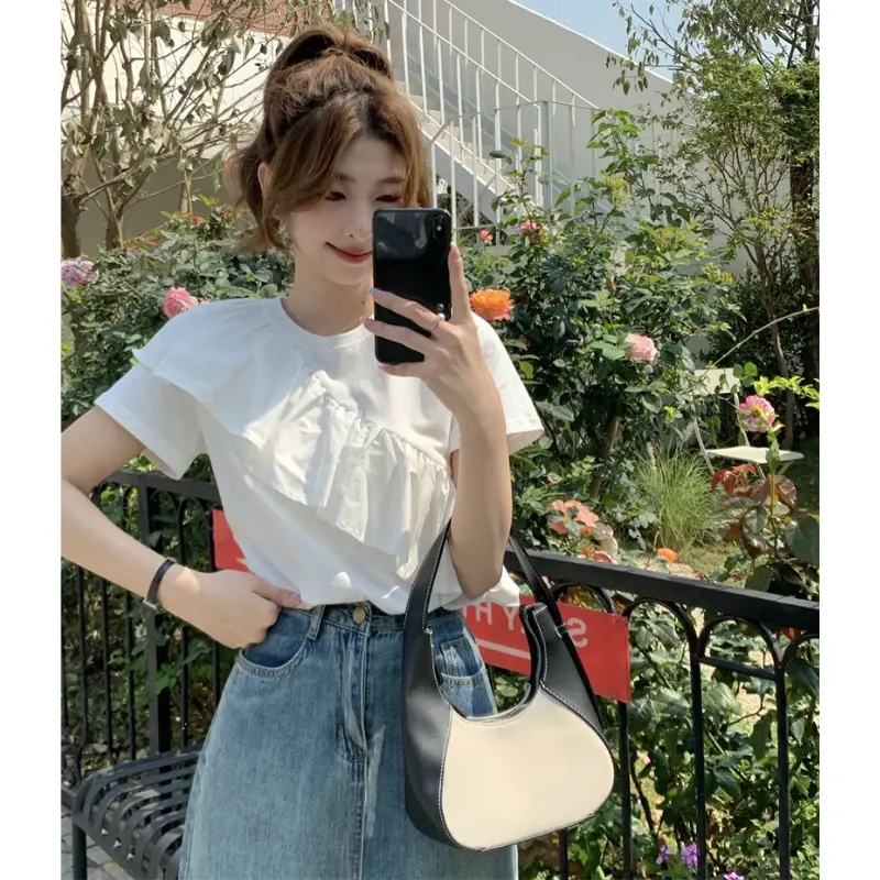 Áo Phông Cho Nữ, Phong Cách Hàn Quốc, Chất Liệu Bông, Thiết Kế Xếp Ly Và Chắp Vá, Thiết Kế Đẹp, Trang Phục Thường Ngày Mùa Hè, Áo ngắn Tay Trơn, Áo Xòe