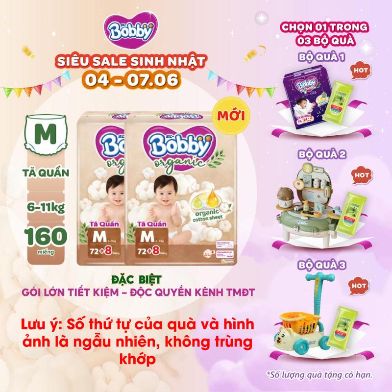 [COMBO 2-TẶNG QUÀ NGẪU NHIÊN] Tã/bỉm quần cao cấp Bobby Organic chăm sóc dịu nhẹ từ thiên nhiên M72/L60/XL56/XXL54 [MỚI RA MẮT]