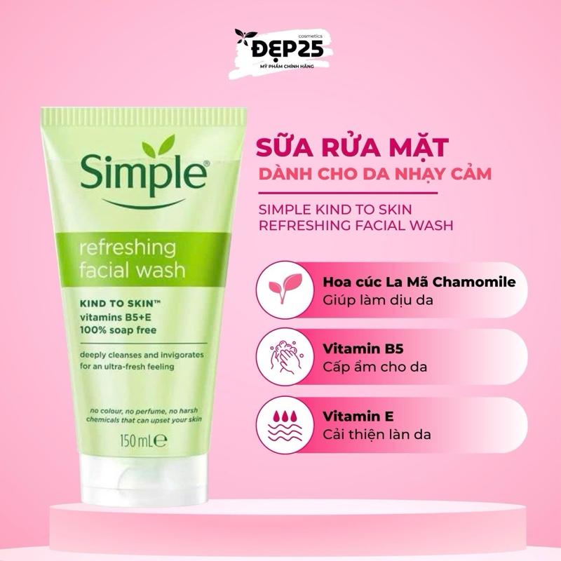 Simple Sữa Rửa Mặt 150Ml Dành Cho Mọi Loại Da Nhạy Cảm Bổ Sung Vitamin B5 & E Làm Sạch Sâu